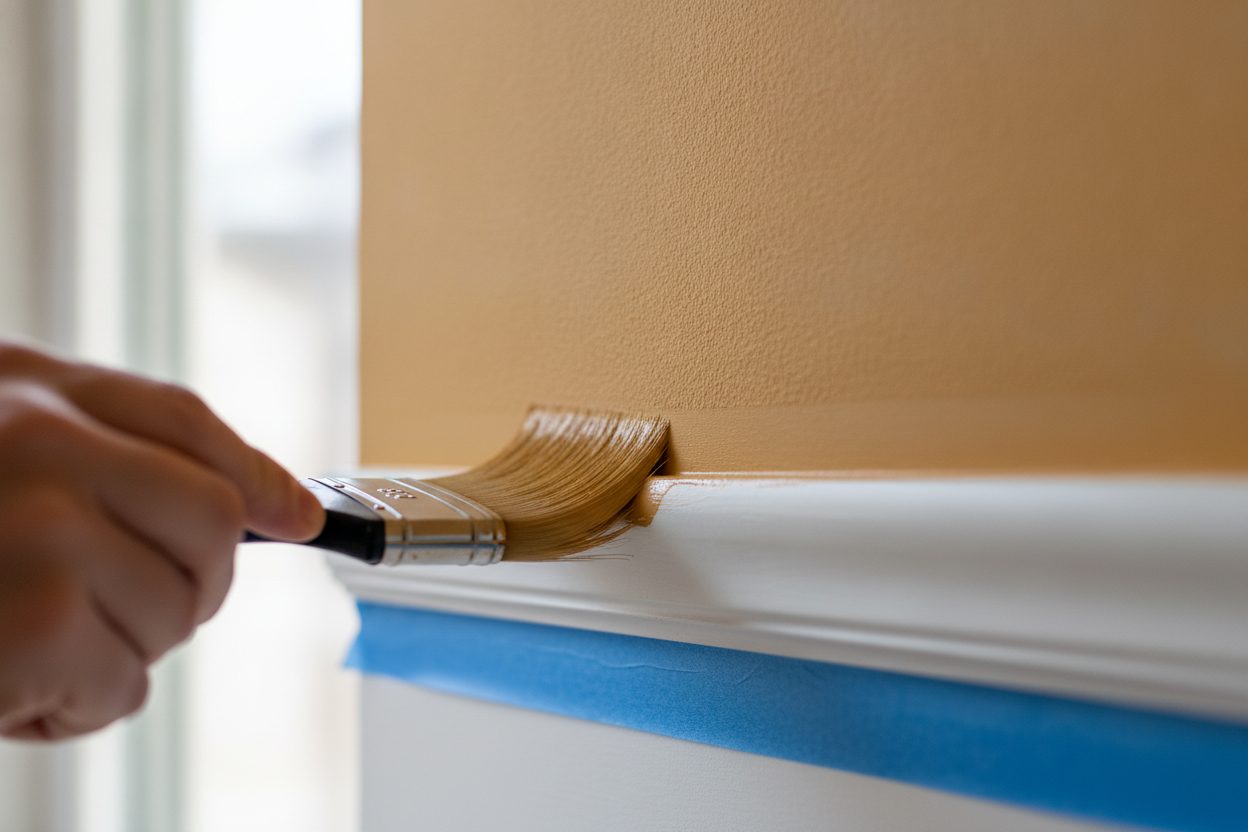 A brush cutting a crisp line where an ochre wall meets bright white trim, edged with painter's tape.