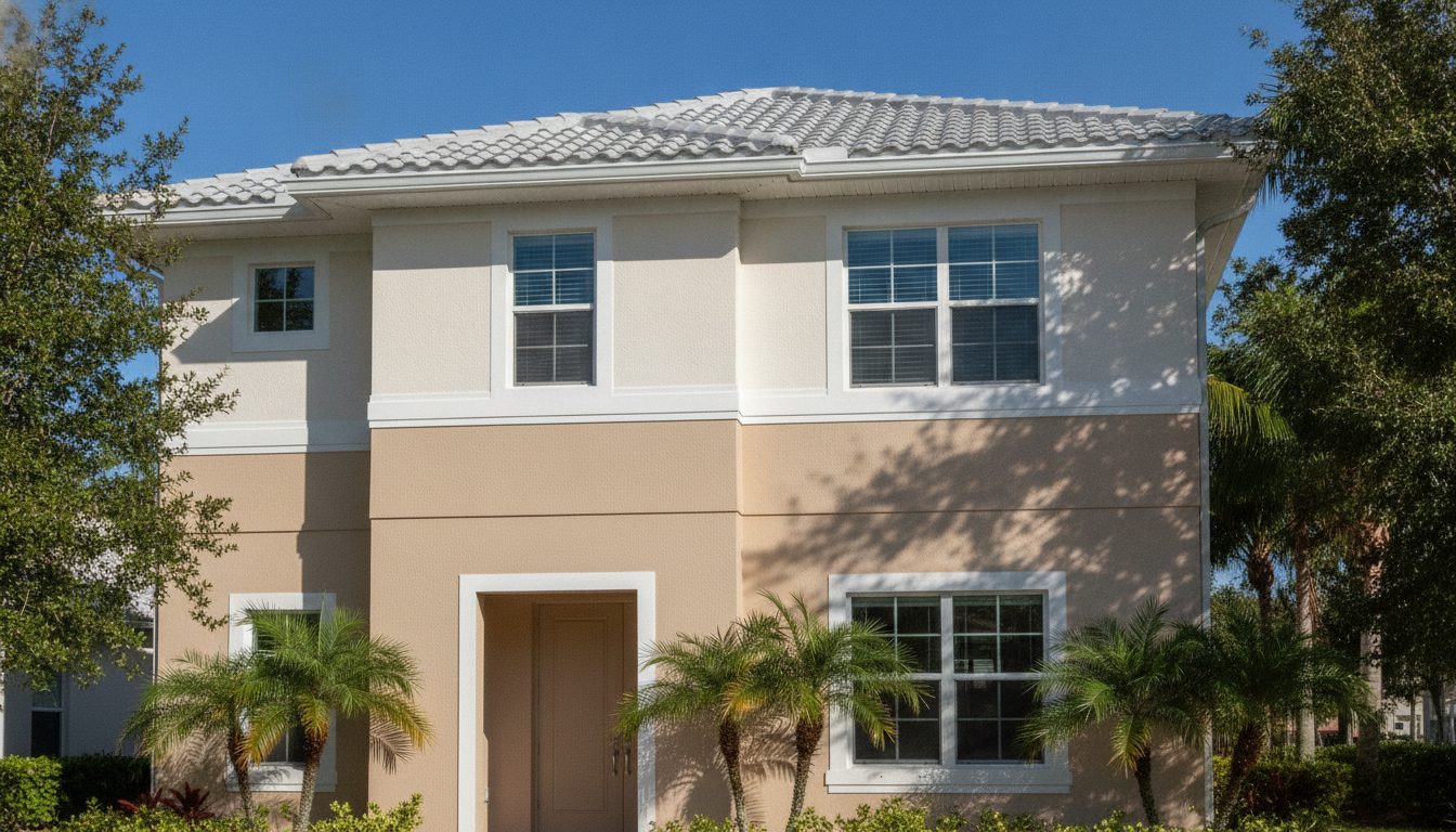 A two-story Palm Coast home with a freshly painted two-tone stucco facade and sharp white trim.
