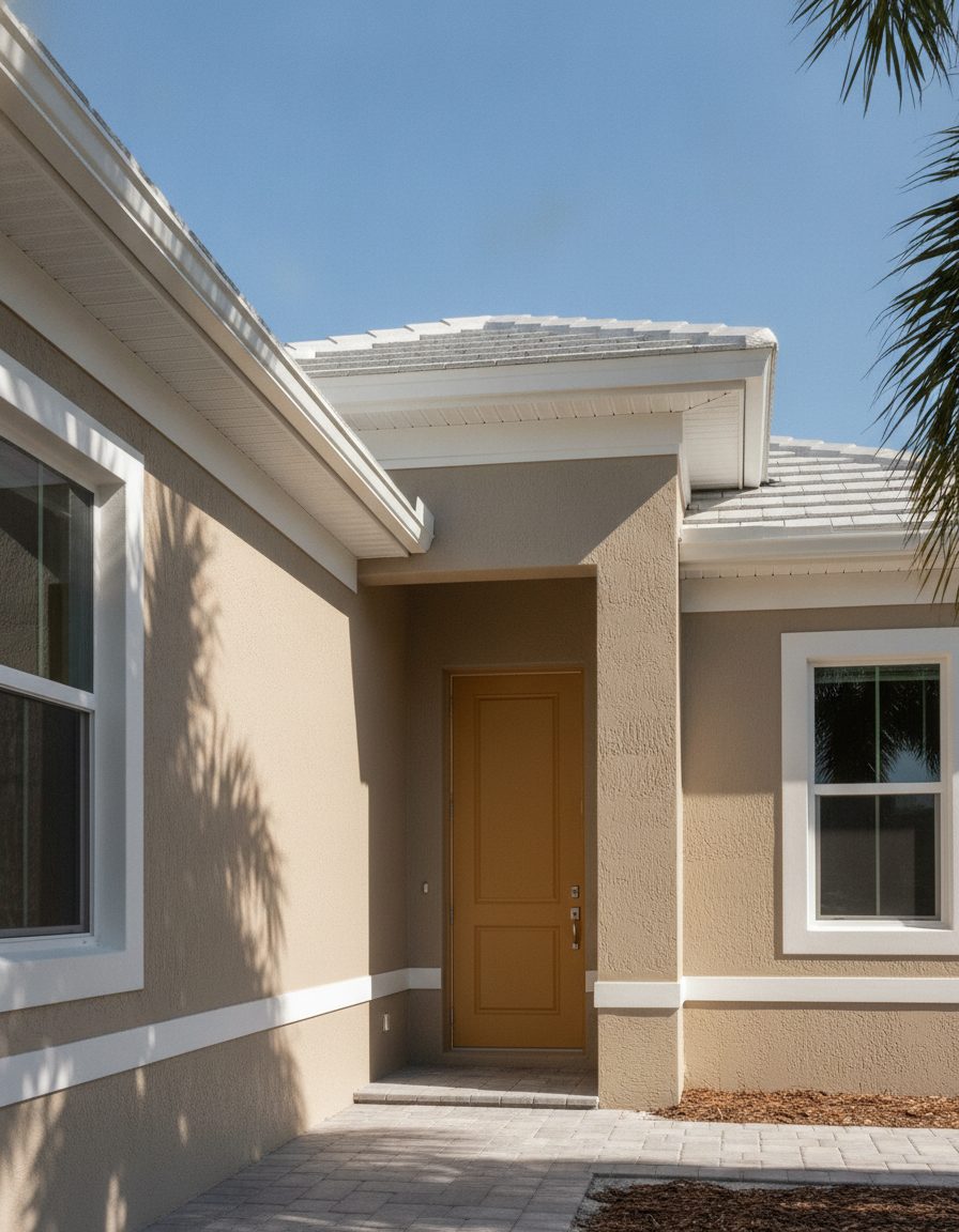 Repainted home entry with a sand stucco wall, white trim and an ochre door in full sun.