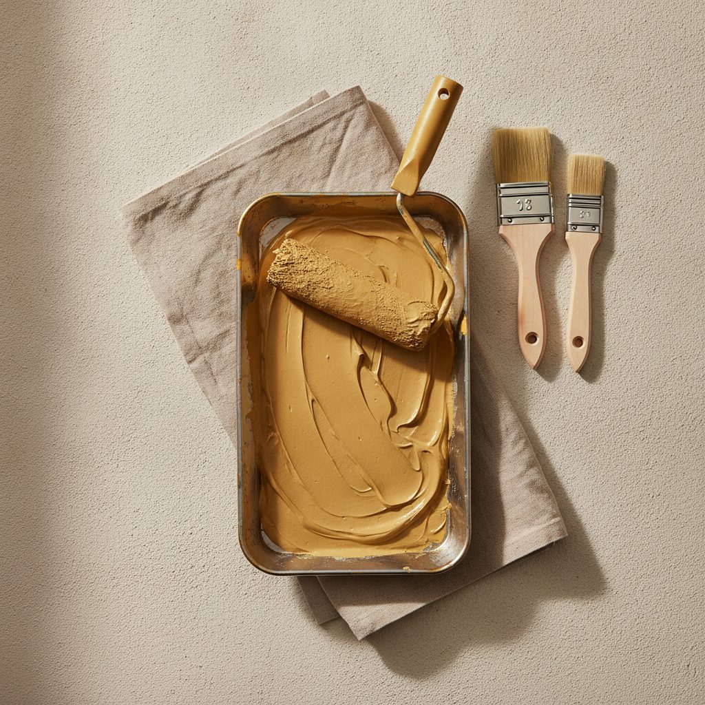 A paint roller resting in a tray of fresh golden ochre paint with two clean brushes on a drop cloth.